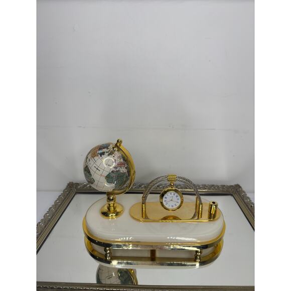 Vintage Semi-Precious Gemstone Globe with Clock Business Card & Pen Holder, Desk - Picture 10 of 10